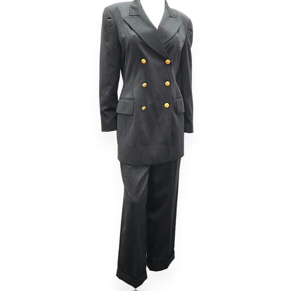 Vintage ESCADA Boss Lady Gray Pinstripe High Waist Pants Double-Breast Suit Set - Picture 1 of 13